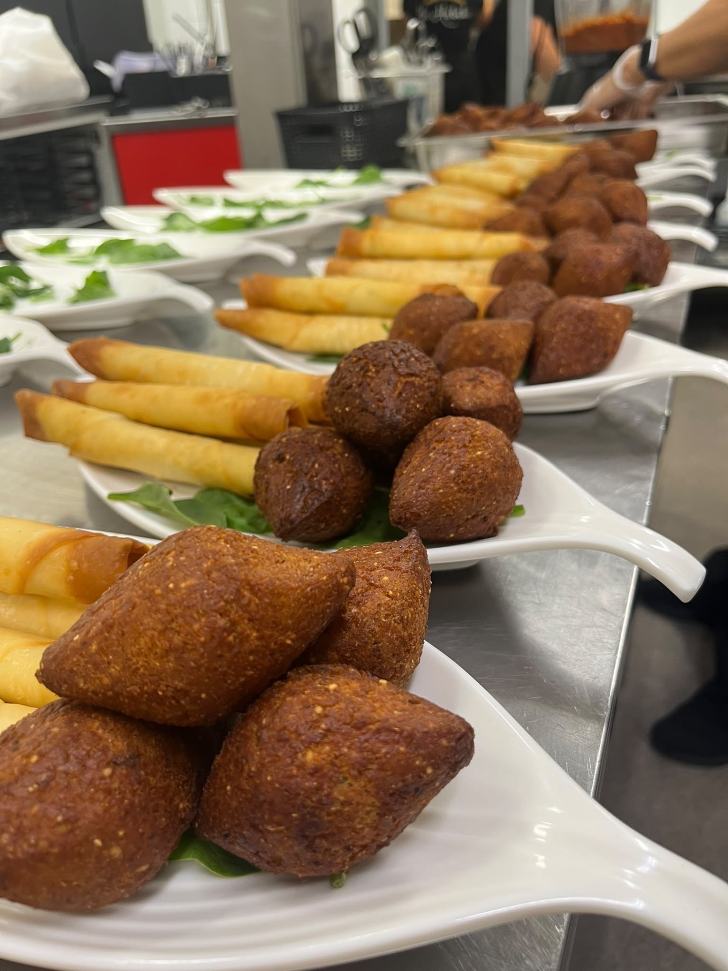 Kibbeh och krispiga springrolls på serveringsfat