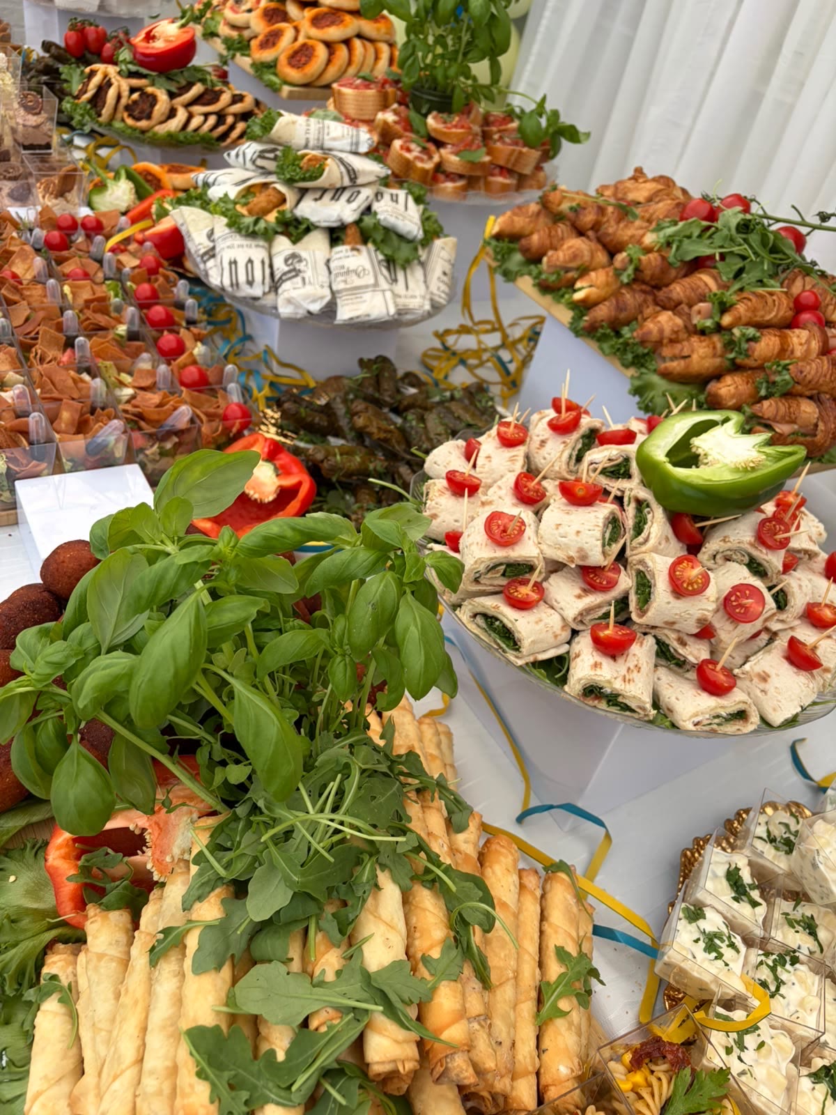 Mingelbuffé med friterade rullar, snittar, kibbeh och dolmar
